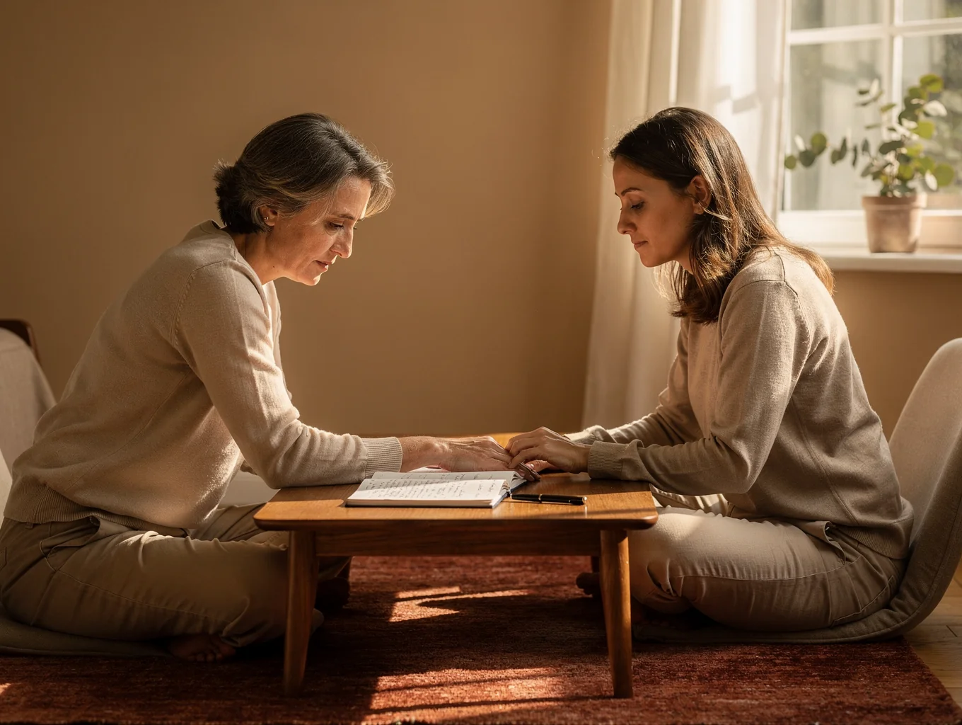 Therapist and client in a calm, sunlit office space